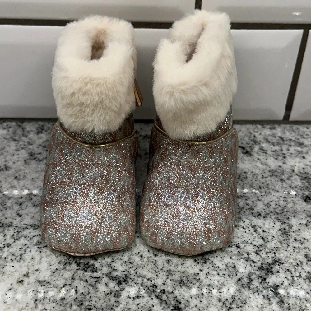 Michael Kors Baby Infant Sz 2 Booties Rose Gold Glitter Faux Fur Emma Bliss Chic